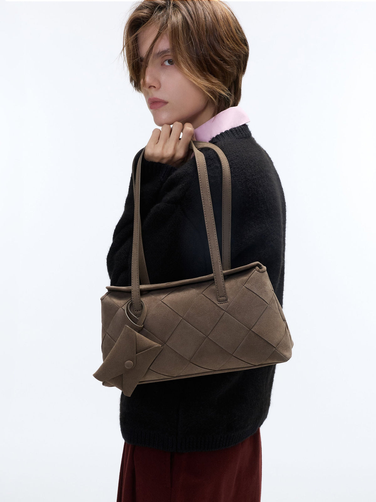 Maribel Woven Trapeze Shoulder Bag - Stone Grey | CHARLES & KEITH