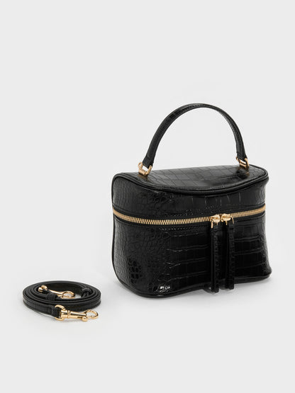 Pansy Croc-Effect Vanity Bag - Black | CHARLES & KEITH