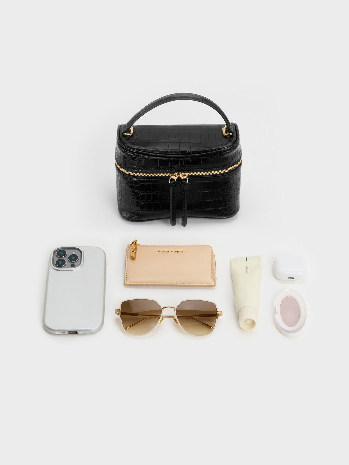 Pansy Croc-Effect Vanity Bag - Black | CHARLES & KEITH