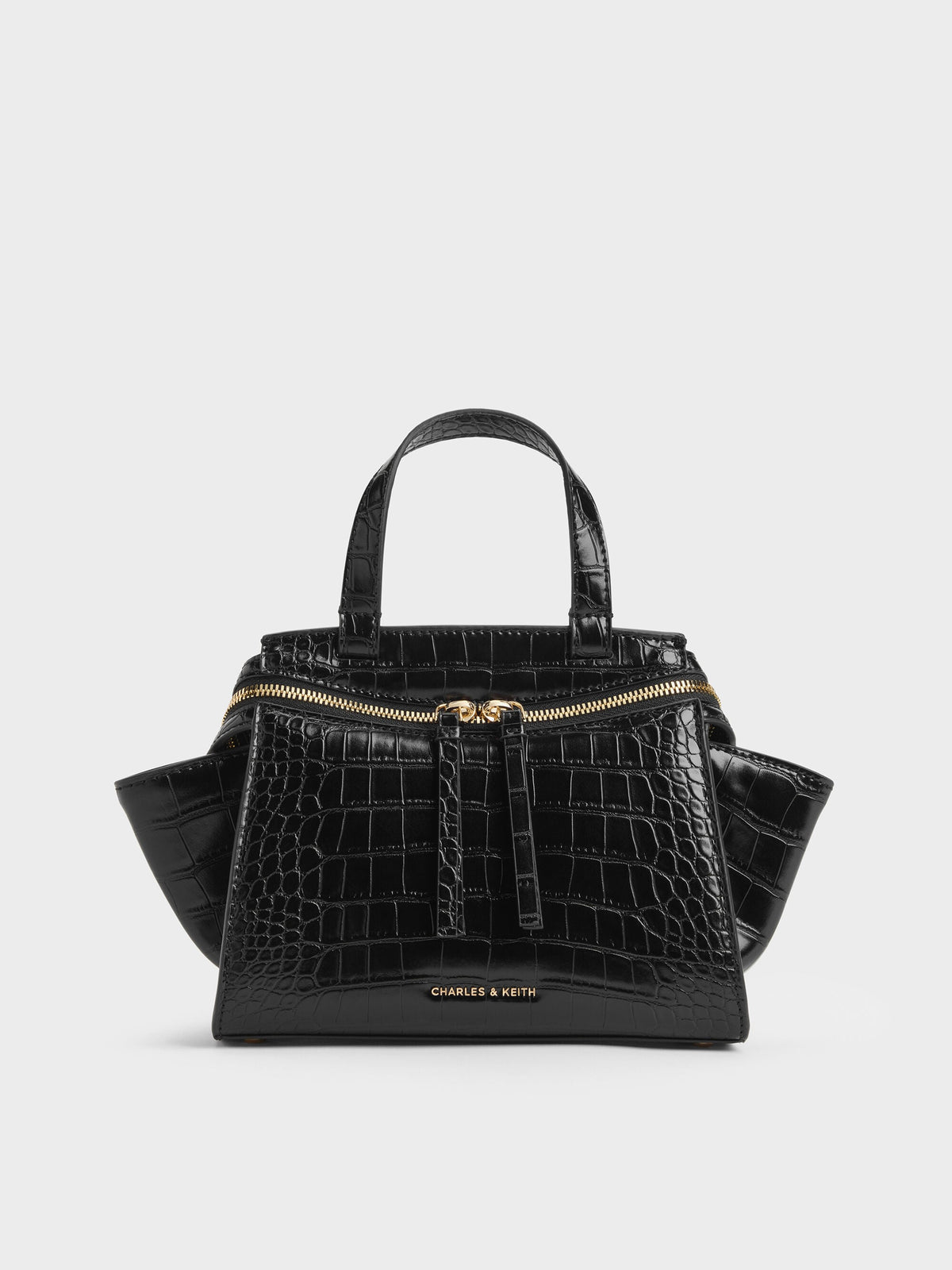 Pansy Trapeze Croc-Effect Top Handle Bag - Black | CHARLES & KEITH
