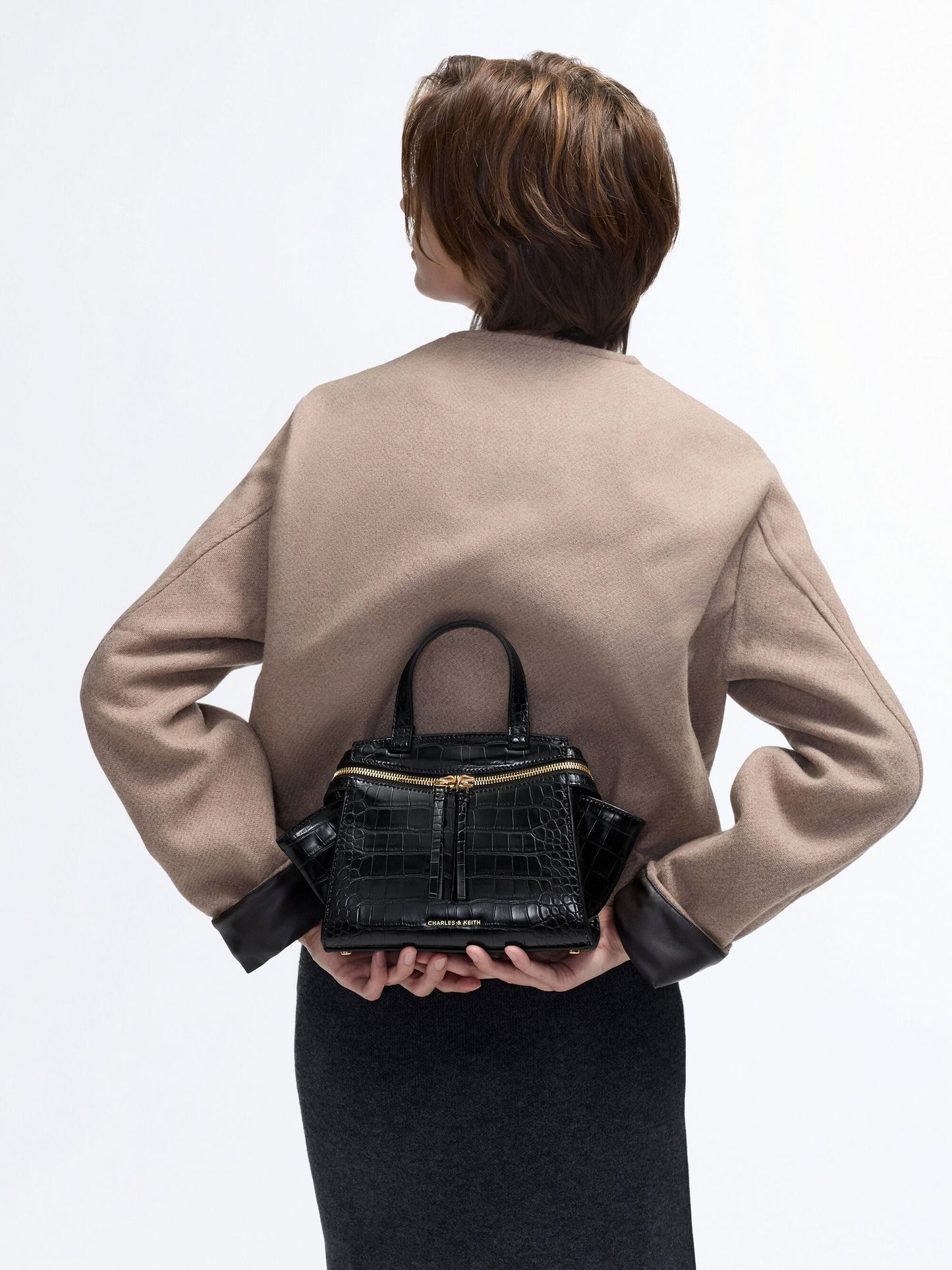Pansy Trapeze Croc-Effect Top Handle Bag - Black | CHARLES & KEITH
