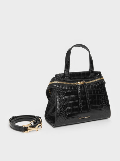 Pansy Trapeze Croc-Effect Top Handle Bag - Black | CHARLES & KEITH