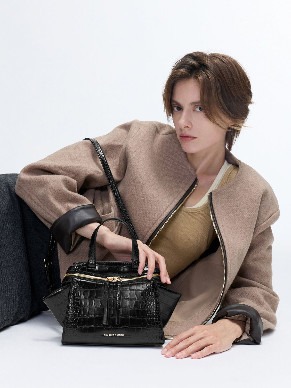 Pansy Trapeze Croc-Effect Top Handle Bag - Black | CHARLES & KEITH