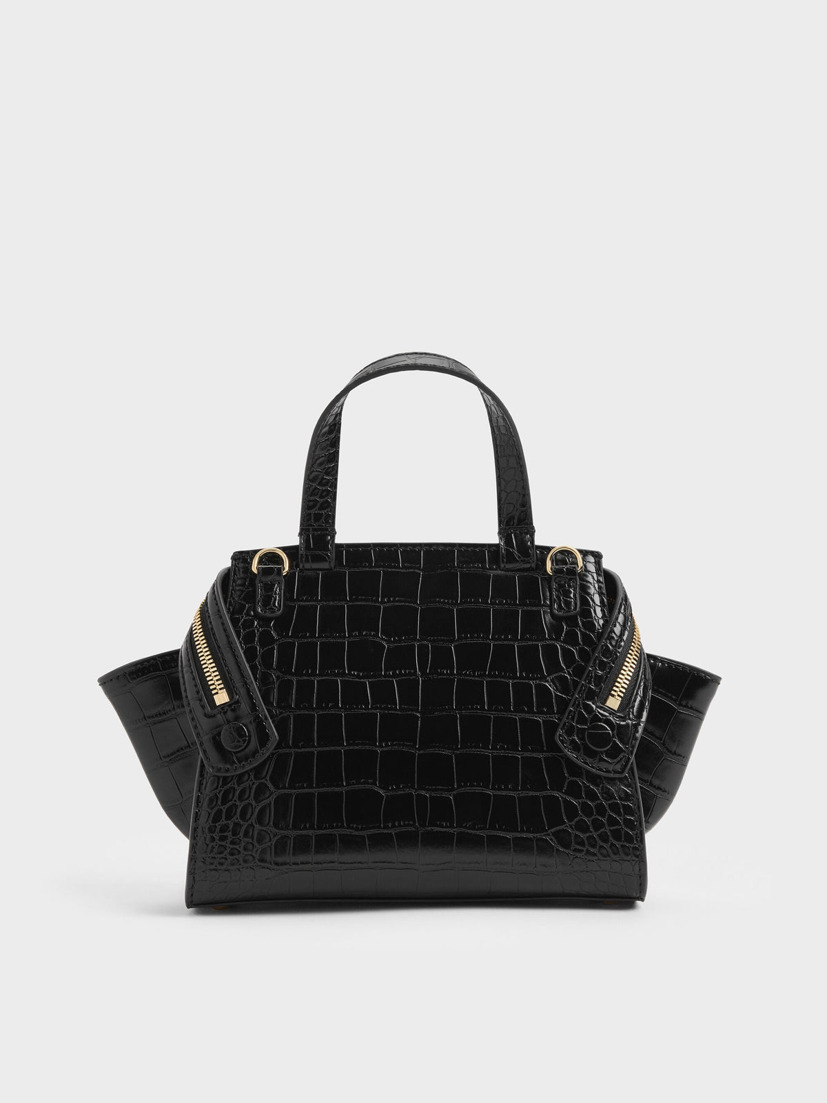 Pansy Trapeze Croc-Effect Top Handle Bag - Black | CHARLES & KEITH