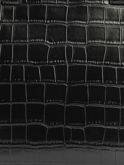 Pansy Trapeze Croc-Effect Top Handle Bag - Black | CHARLES & KEITH