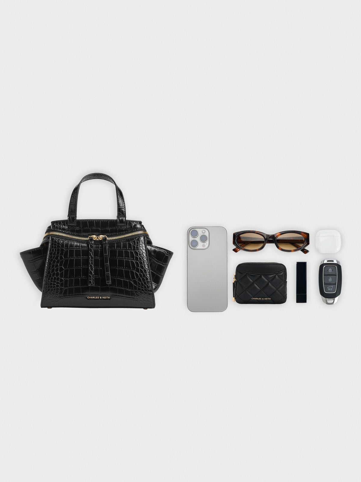 Pansy Trapeze Croc-Effect Top Handle Bag - Black | CHARLES & KEITH