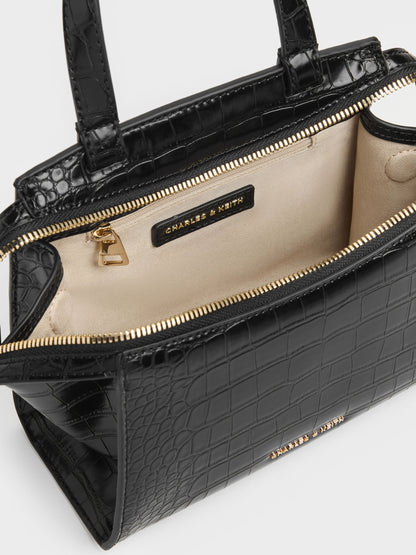 Pansy Trapeze Croc-Effect Top Handle Bag - Black | CHARLES & KEITH