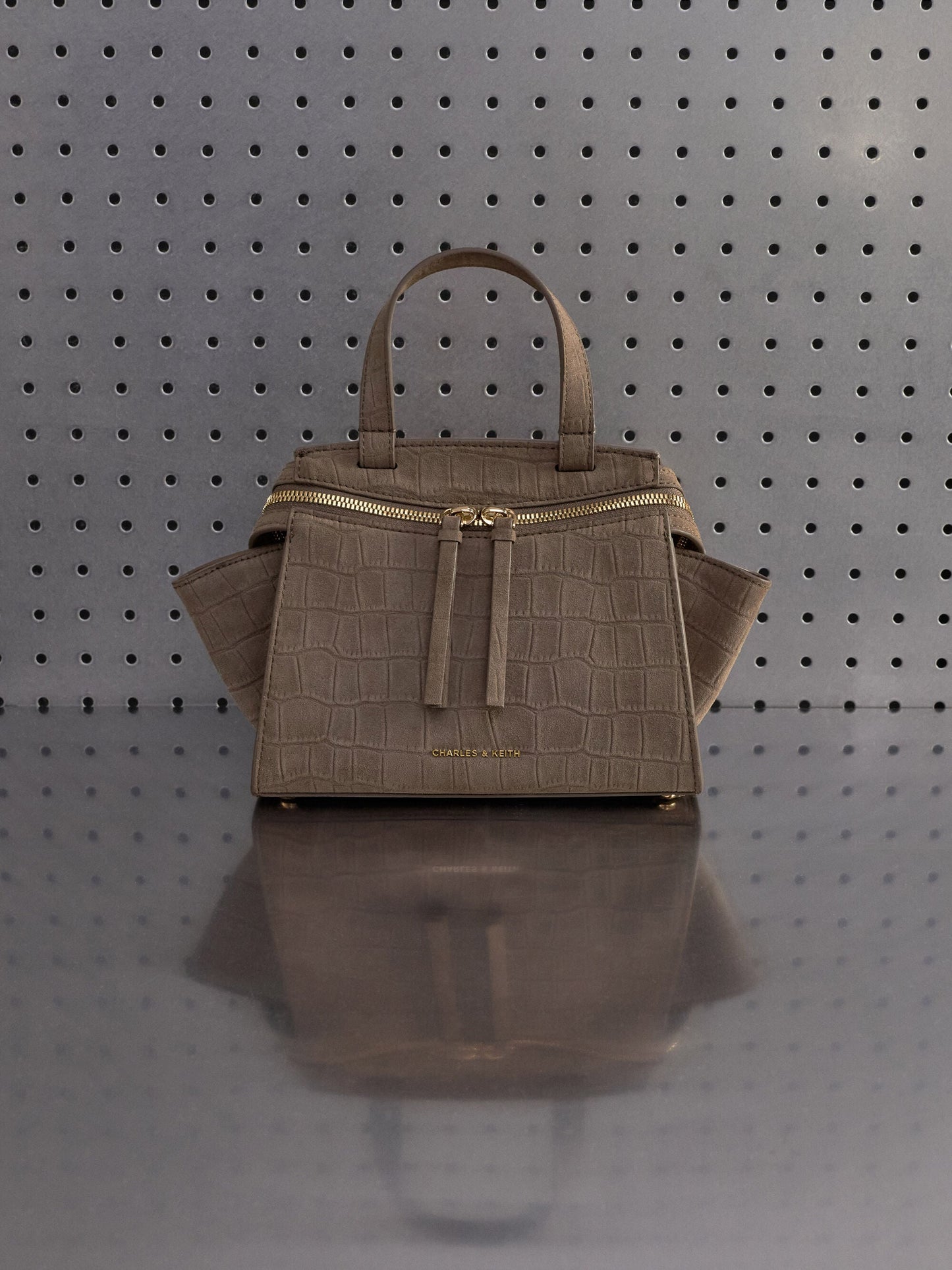 Pansy Trapeze Top Handle Bag - Stone Grey | CHARLES & KEITH