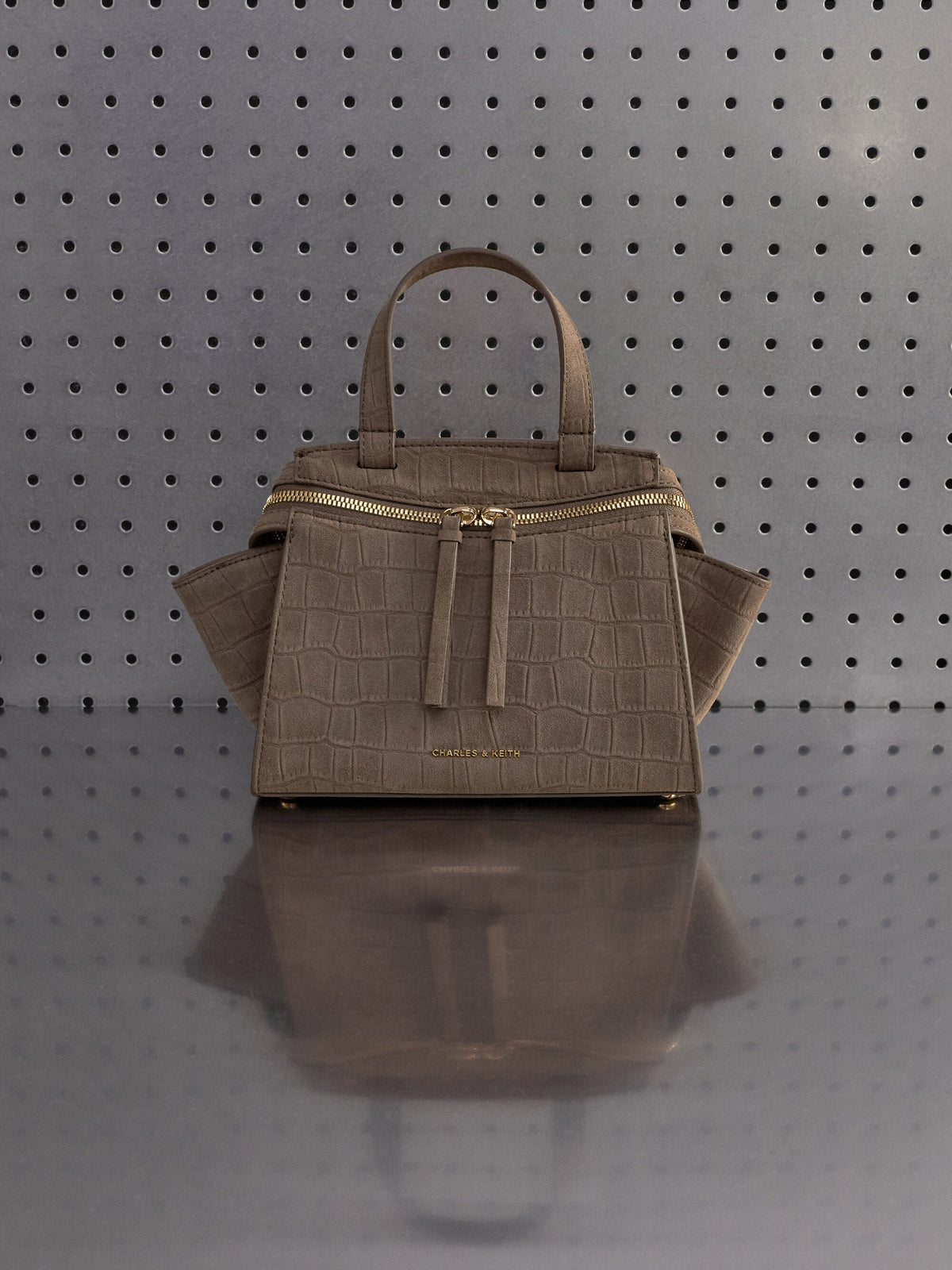 Pansy Trapeze Top Handle Bag - Stone Grey | CHARLES & KEITH