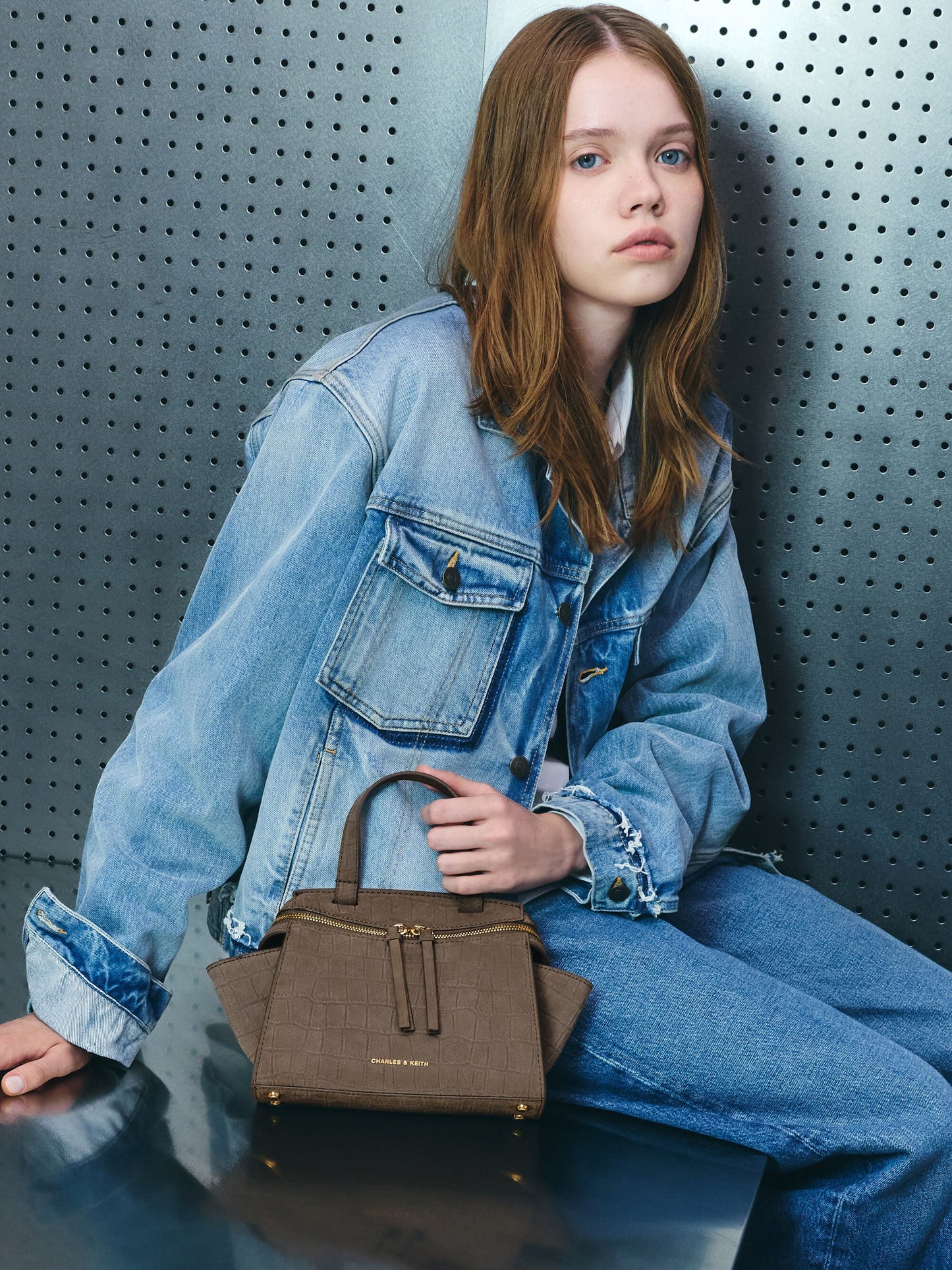 Pansy Trapeze Top Handle Bag - Stone Grey | CHARLES & KEITH