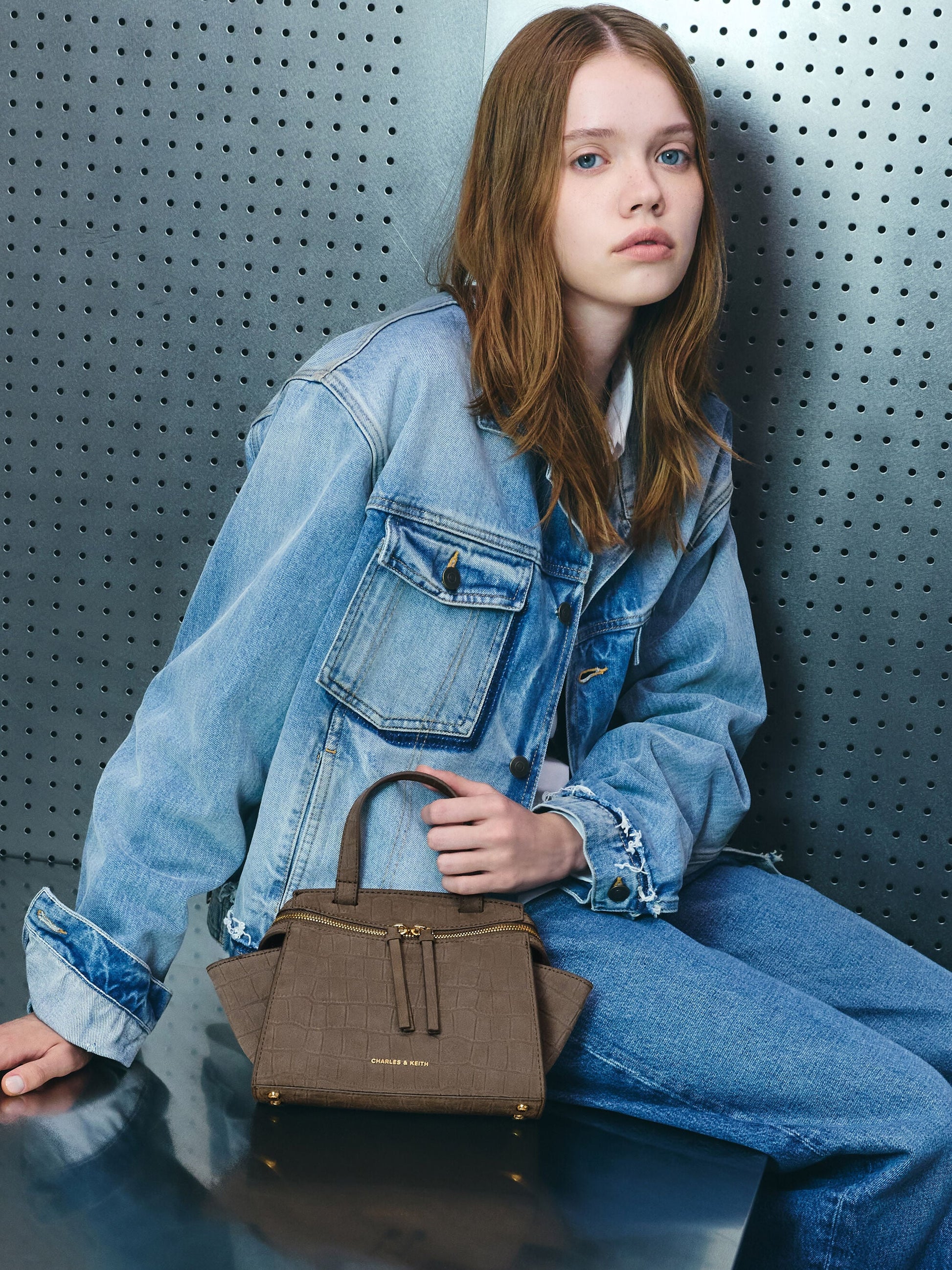 Pansy Trapeze Top Handle Bag - Stone Grey | CHARLES & KEITH
