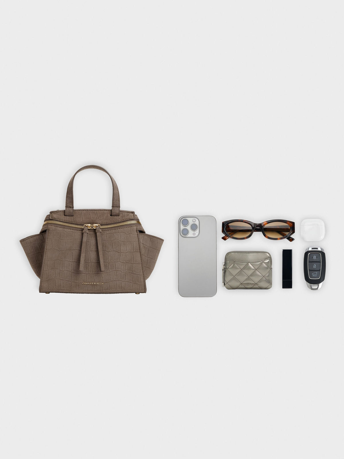Pansy Trapeze Top Handle Bag - Stone Grey | CHARLES & KEITH