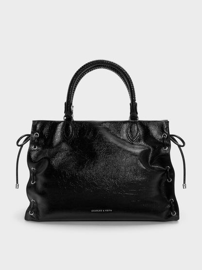 Large Nylah Grommet Lace-Up Tote Bag - Noir | CHARLES & KEITH