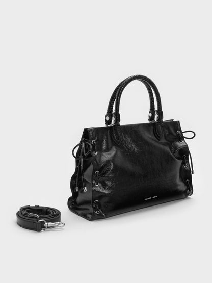 Large Nylah Grommet Lace-Up Tote Bag - Noir | CHARLES & KEITH