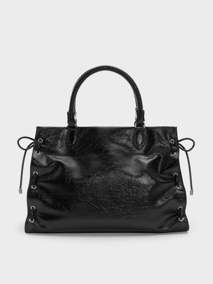 Large Nylah Grommet Lace-Up Tote Bag - Noir | CHARLES & KEITH