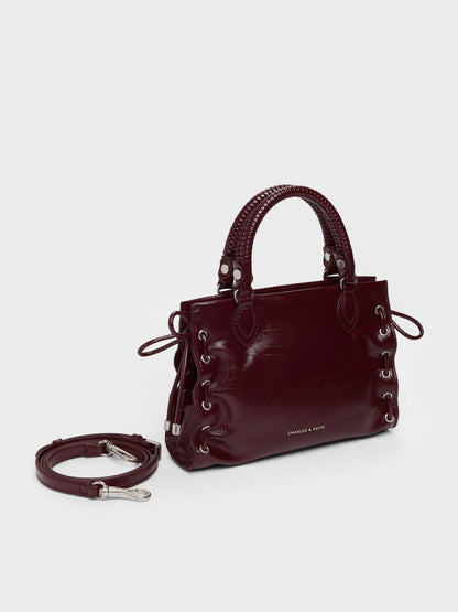 Mini Nylah Grommet Lace-Up Tote Bag - Wineberry Red | CHARLES & KEITH