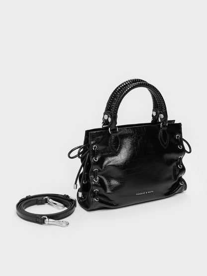 Mini Nylah Grommet Lace-Up Tote Bag - Noir | CHARLES & KEITH