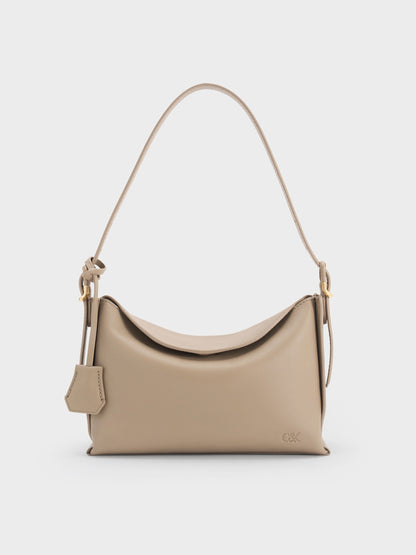 Leather Top-Flap Hobo Bag - Taupe | CHARLES & KEITH