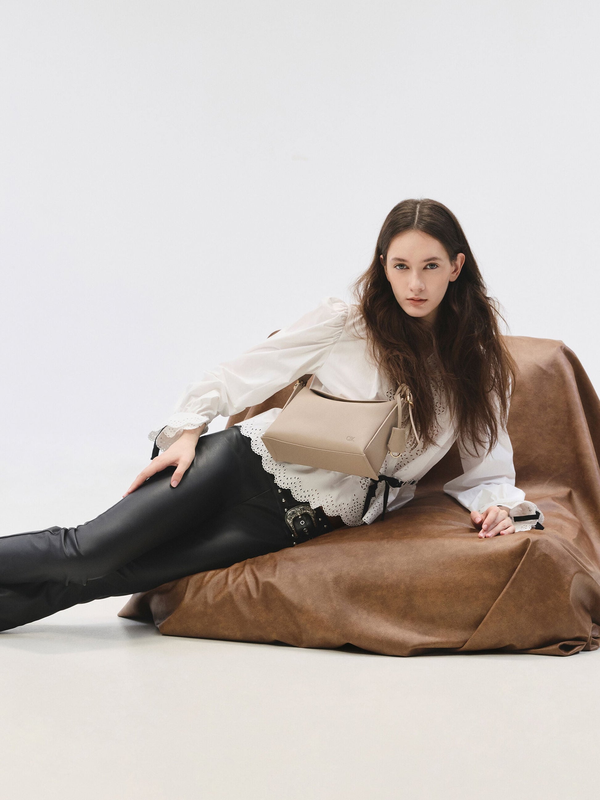 Leather Top-Flap Hobo Bag - Taupe | CHARLES & KEITH
