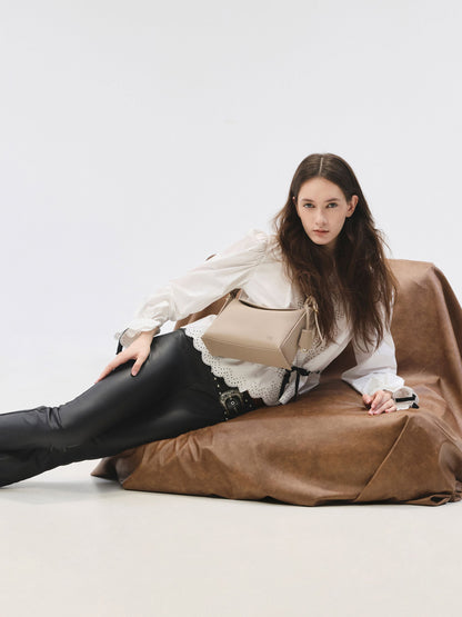 Leather Top-Flap Hobo Bag - Taupe | CHARLES & KEITH