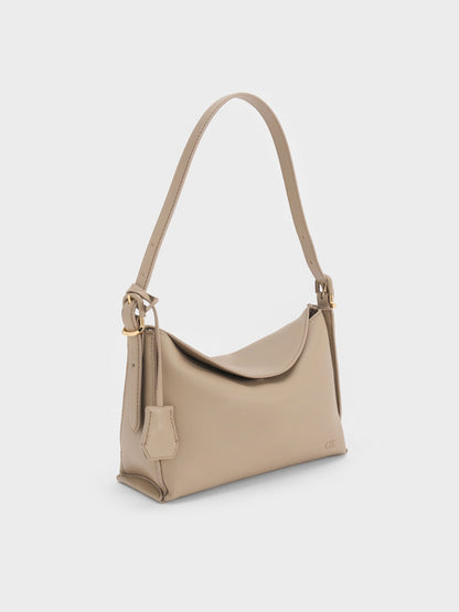 Leather Top-Flap Hobo Bag - Taupe | CHARLES & KEITH