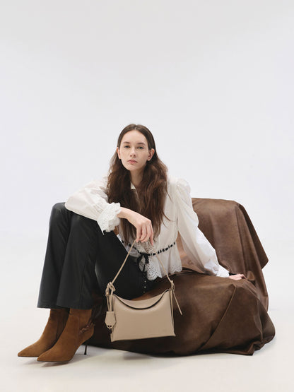 Leather Top-Flap Hobo Bag - Taupe | CHARLES & KEITH