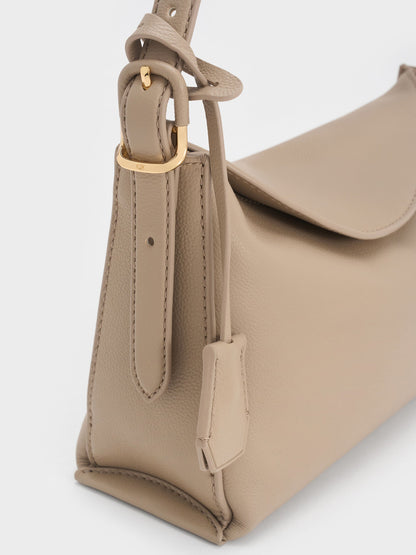 Leather Top-Flap Hobo Bag - Taupe | CHARLES & KEITH