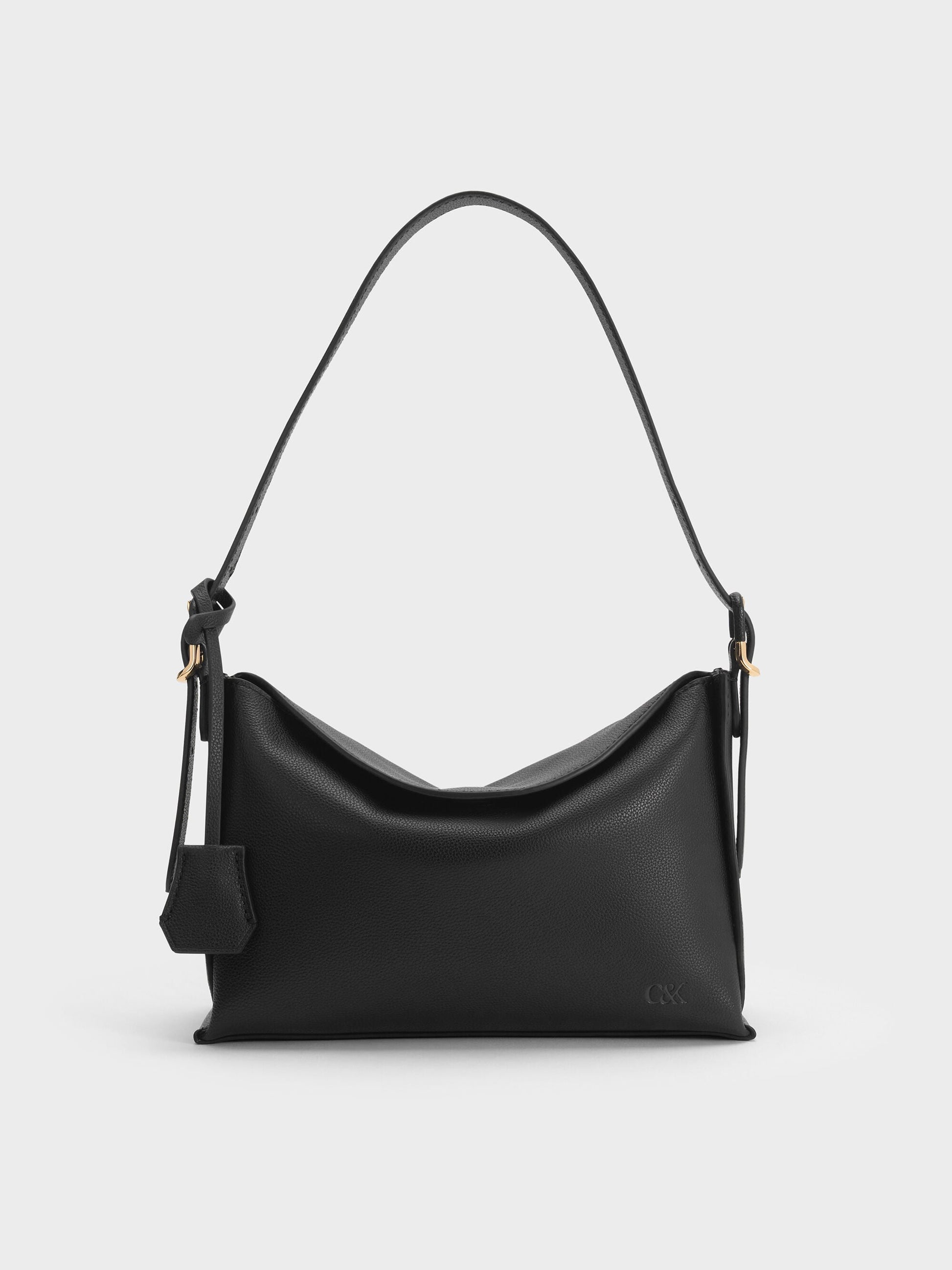 Leather Top-Flap Hobo Bag - Black | CHARLES & KEITH