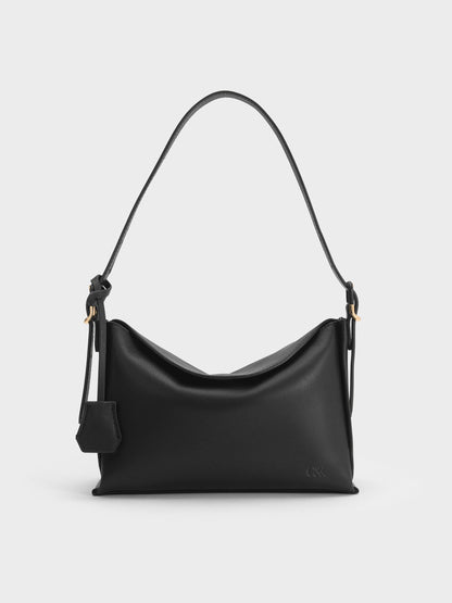 Leather Top-Flap Hobo Bag - Black | CHARLES & KEITH