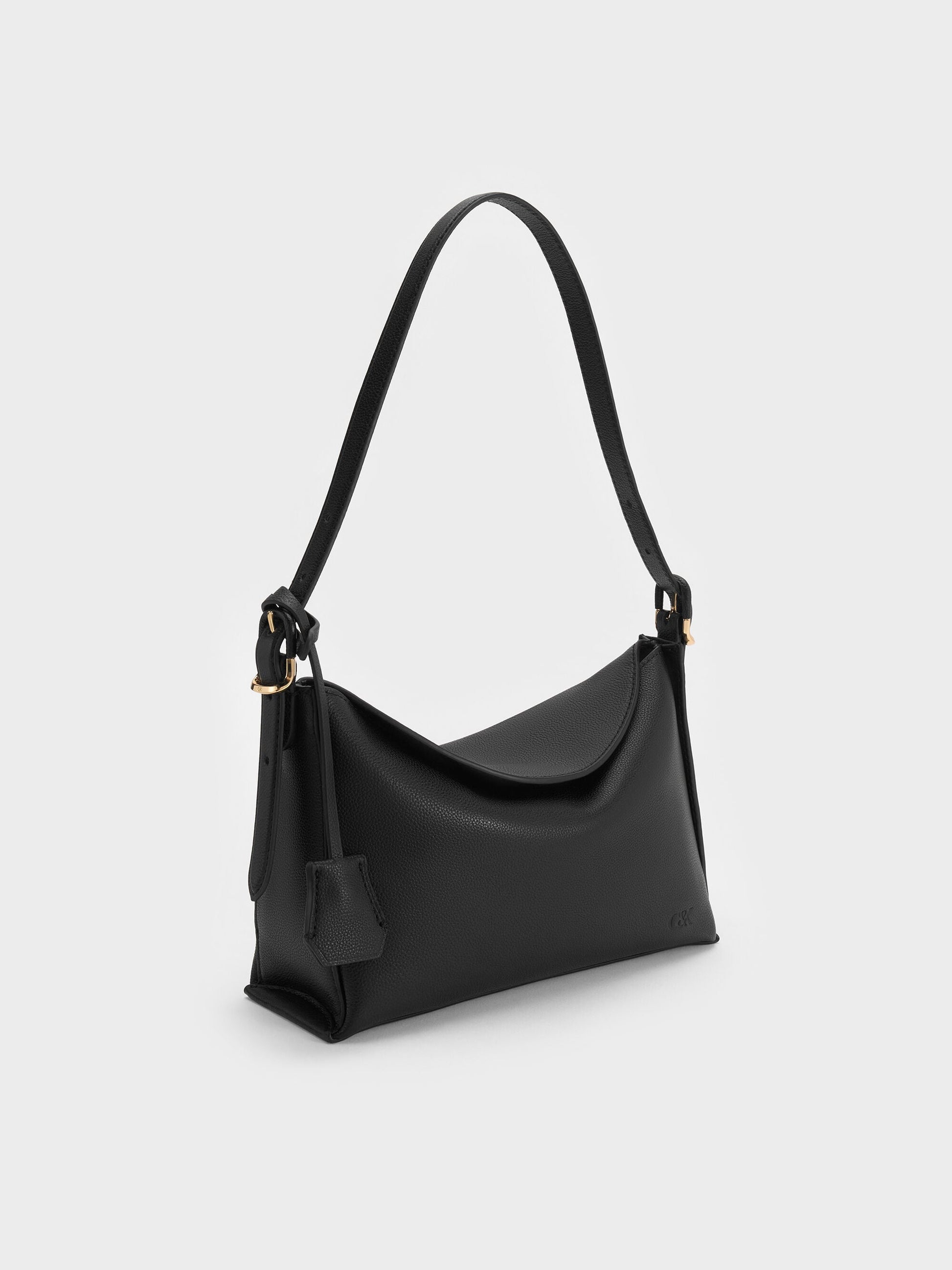 Leather Top-Flap Hobo Bag - Black | CHARLES & KEITH