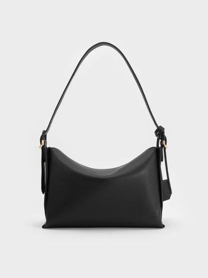 Leather Top-Flap Hobo Bag - Black | CHARLES & KEITH