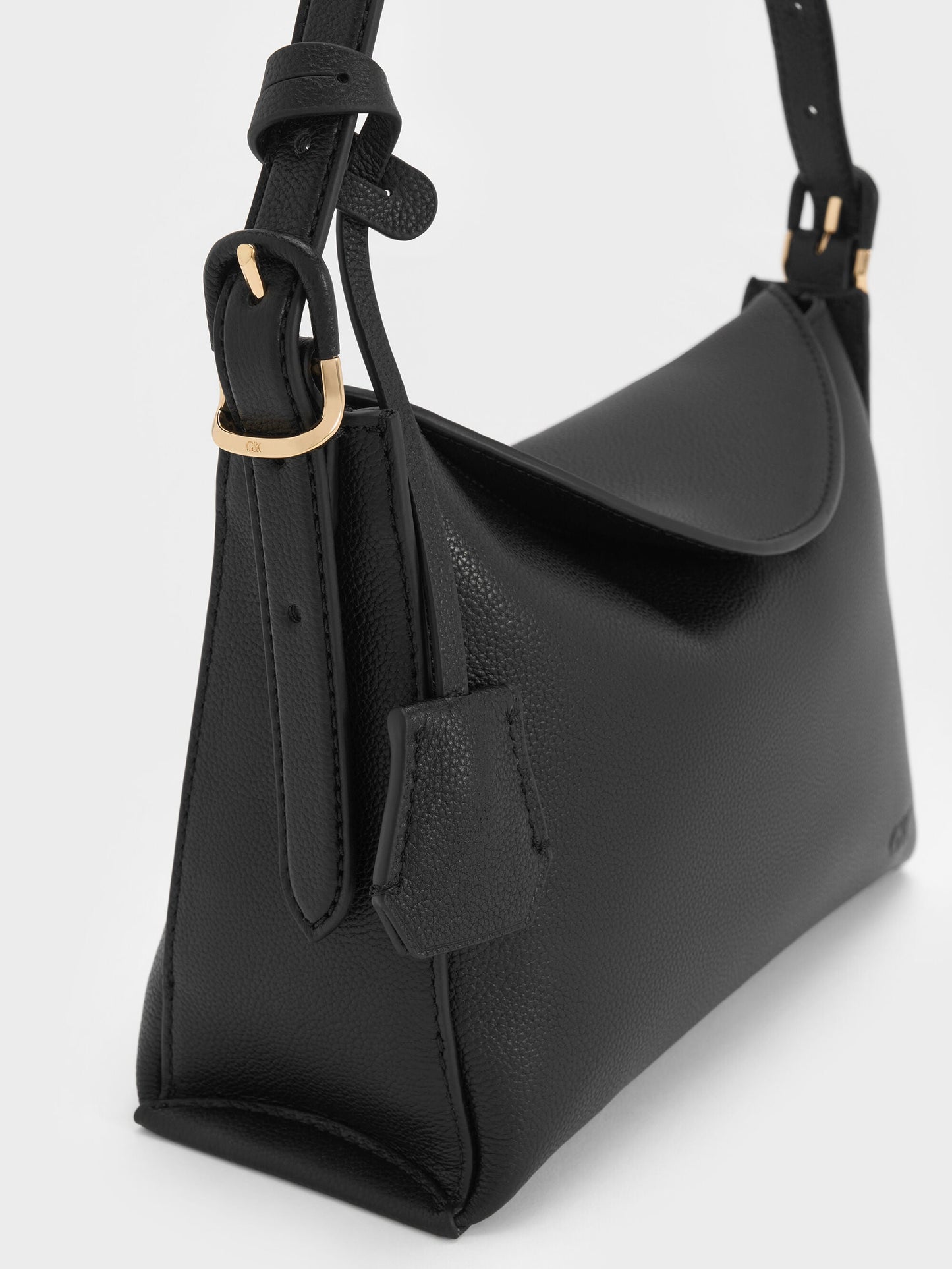 Leather Top-Flap Hobo Bag - Black | CHARLES & KEITH