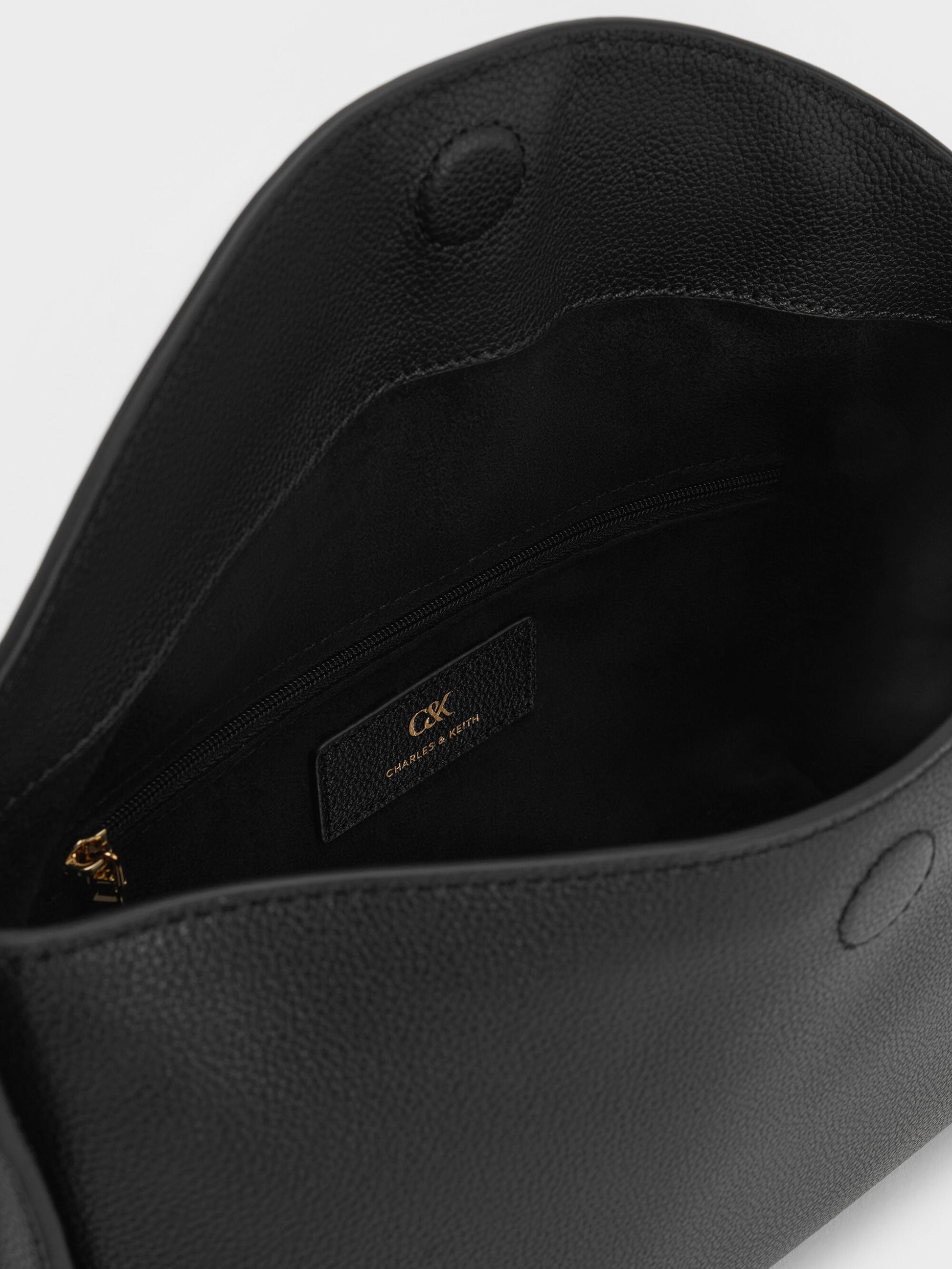 Leather Top-Flap Hobo Bag - Black | CHARLES & KEITH