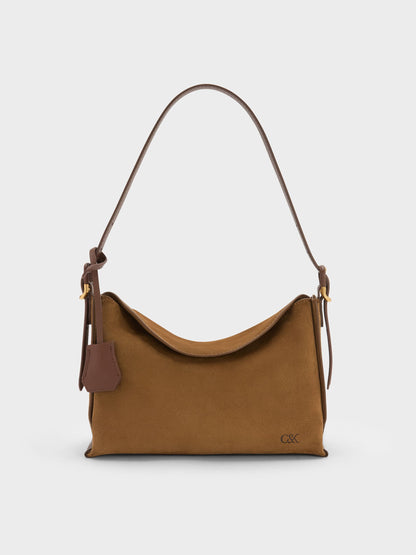 Leather & Suede Top-Flap Hobo Bag - Brown | CHARLES & KEITH