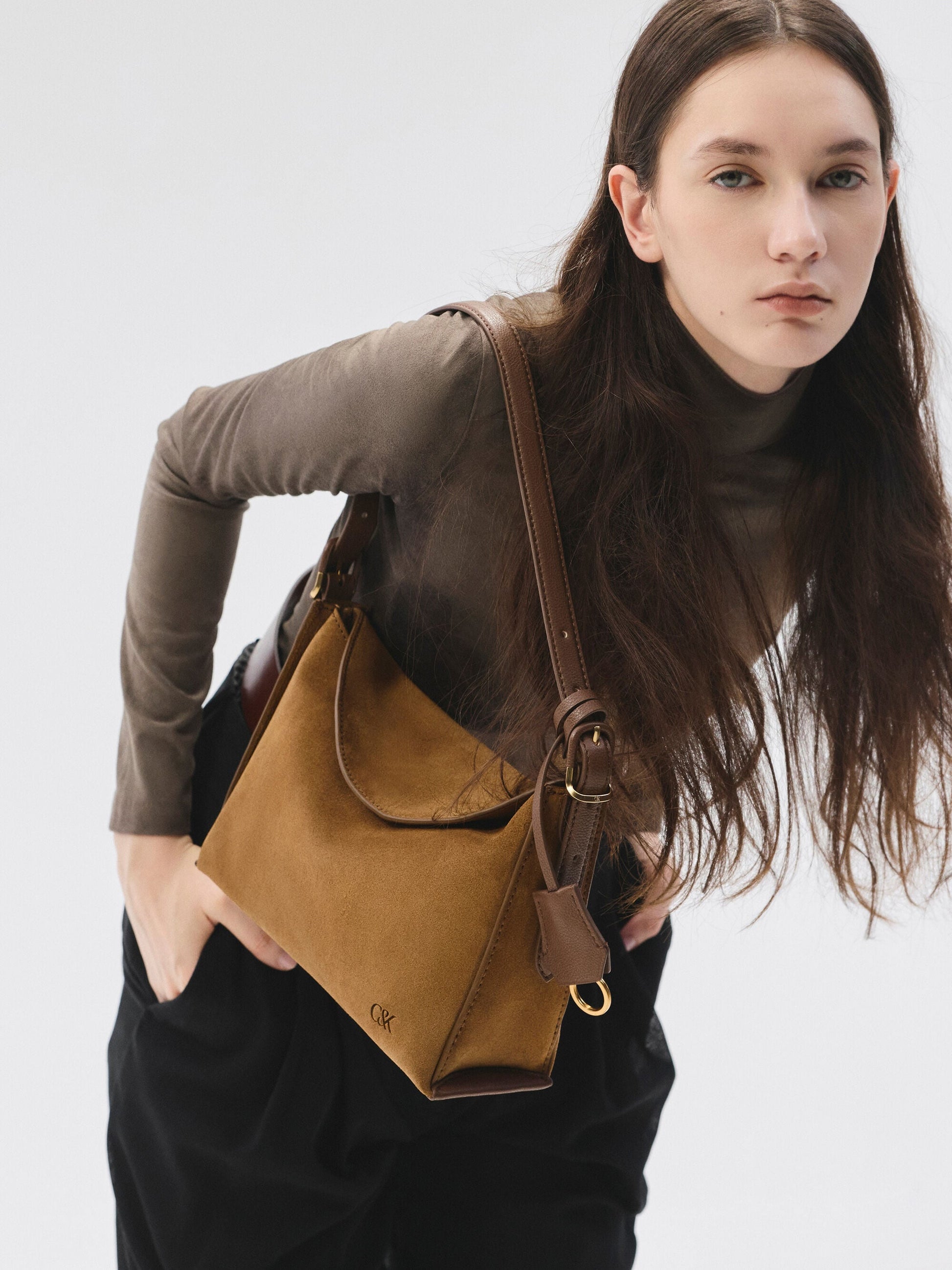 Leather & Suede Top-Flap Hobo Bag - Brown | CHARLES & KEITH