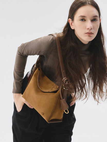 Leather & Suede Top-Flap Hobo Bag - Brown | CHARLES & KEITH