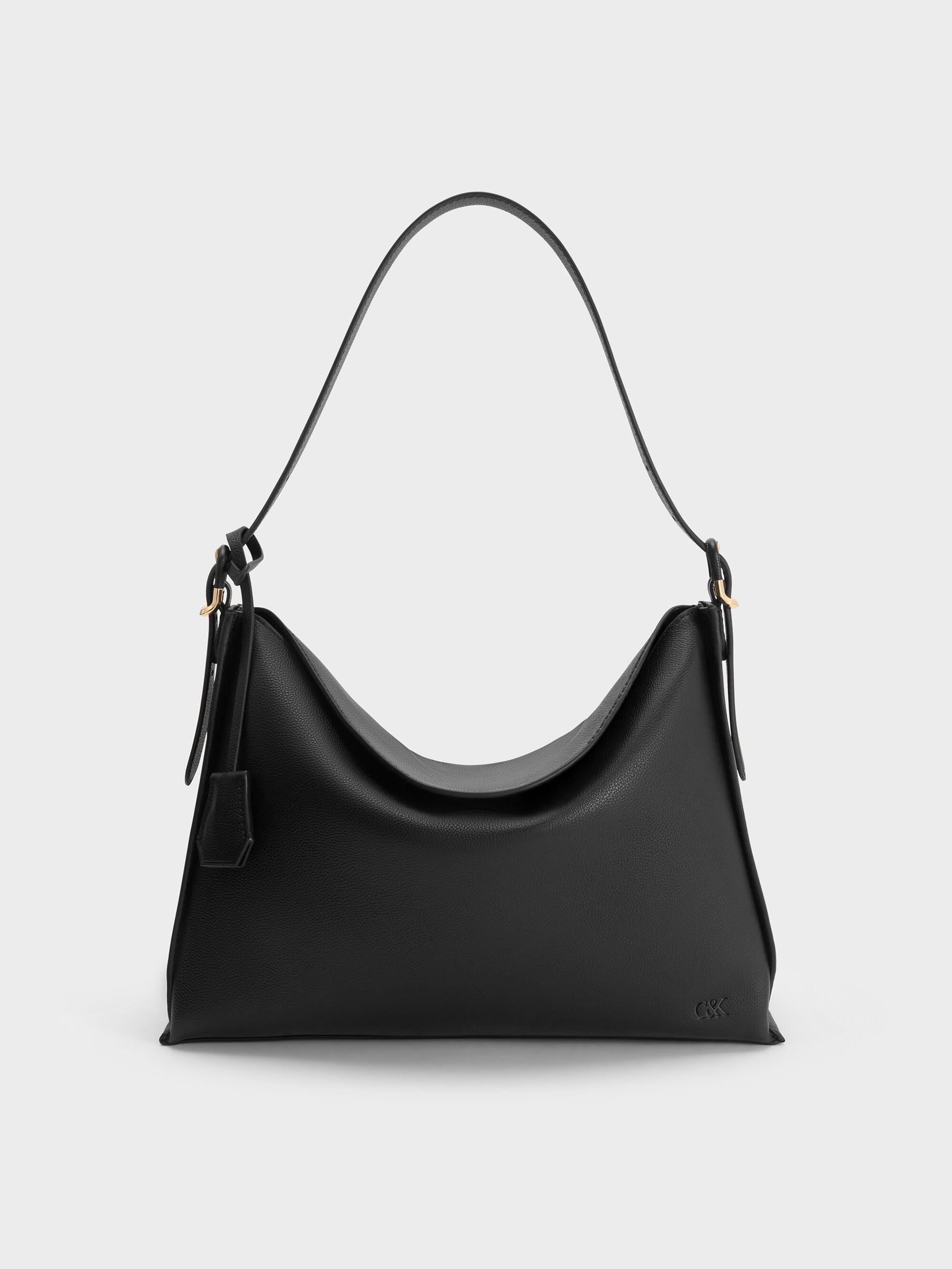 Large Leather Top-Flap Hobo Bag - Black | CHARLES & KEITH