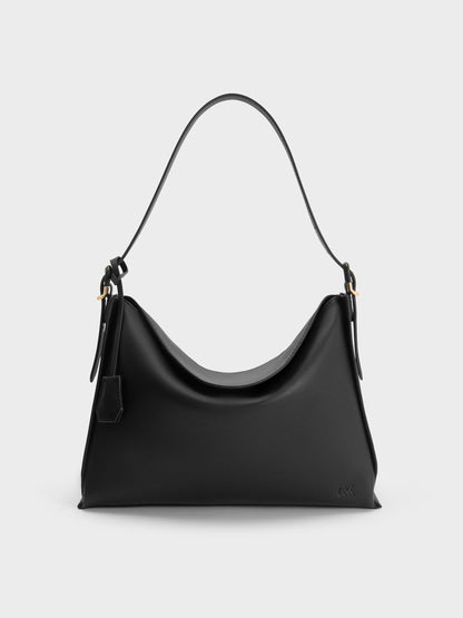 Large Leather Top-Flap Hobo Bag - Black | CHARLES & KEITH