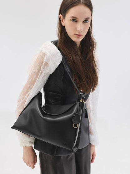 Large Leather Top-Flap Hobo Bag - Black | CHARLES & KEITH