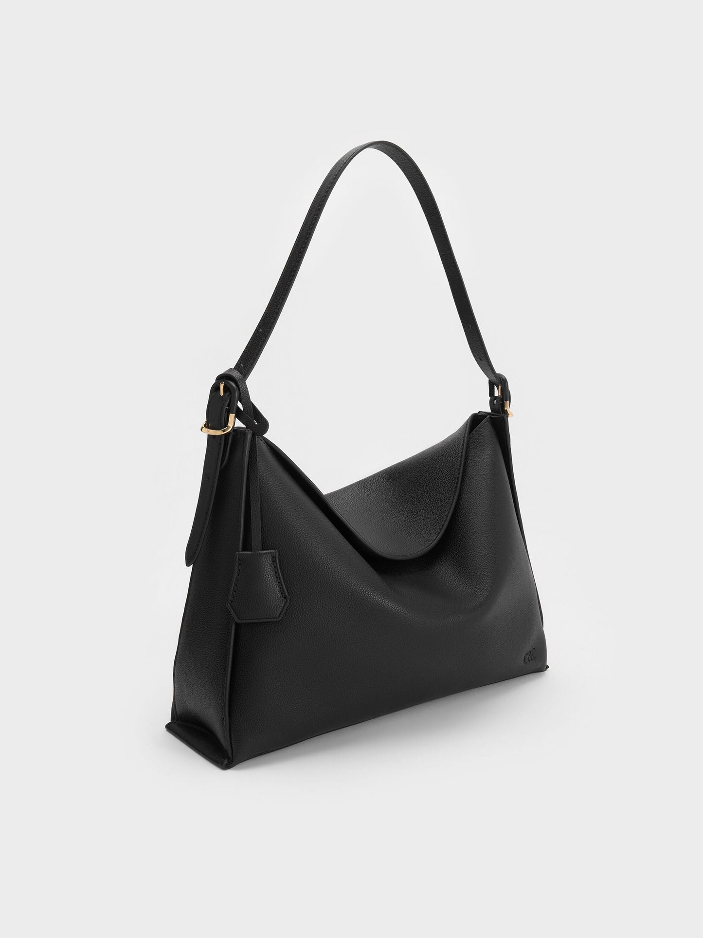 Large Leather Top-Flap Hobo Bag - Black | CHARLES & KEITH