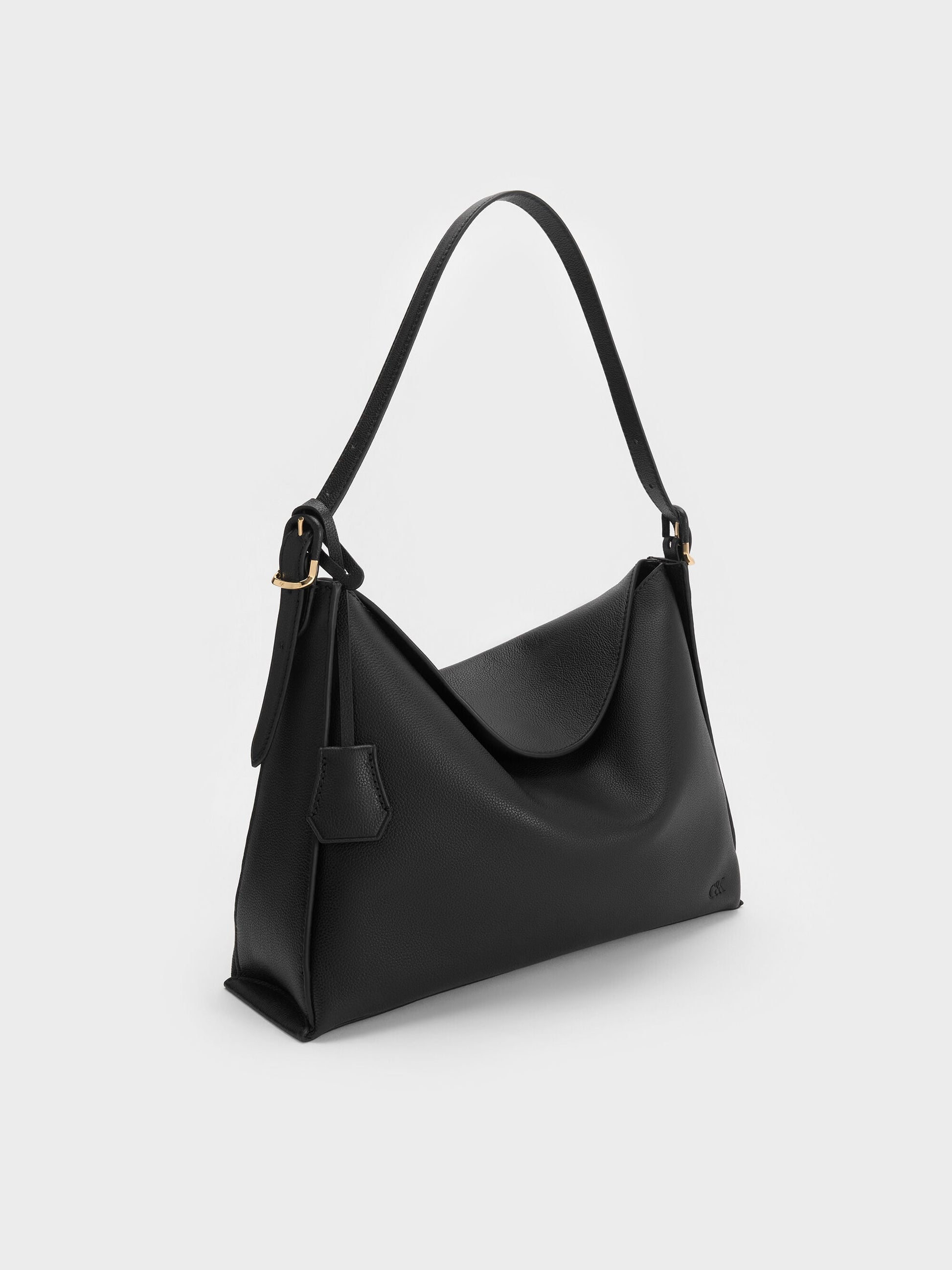 Large Leather Top-Flap Hobo Bag - Black | CHARLES & KEITH