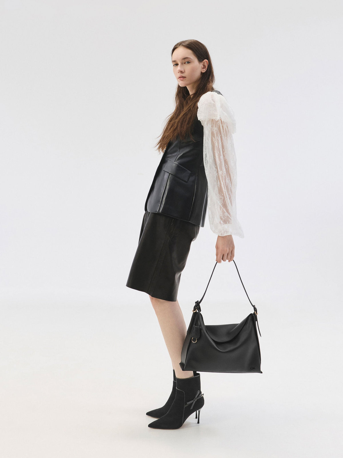Large Leather Top-Flap Hobo Bag - Black | CHARLES & KEITH
