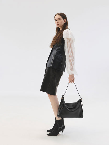 Large Leather Top-Flap Hobo Bag - Black | CHARLES & KEITH
