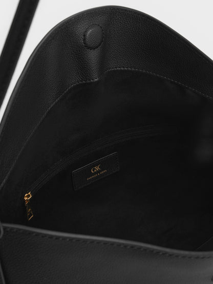 Large Leather Top-Flap Hobo Bag - Black | CHARLES & KEITH