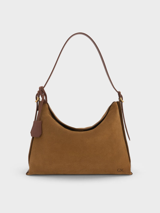 Large Leather & Suede Top-Flap Hobo Bag - Brown | CHARLES & KEITH