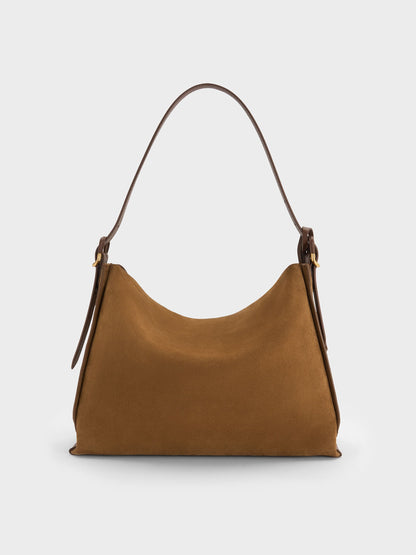 Large Leather & Suede Top-Flap Hobo Bag - Brown | CHARLES & KEITH