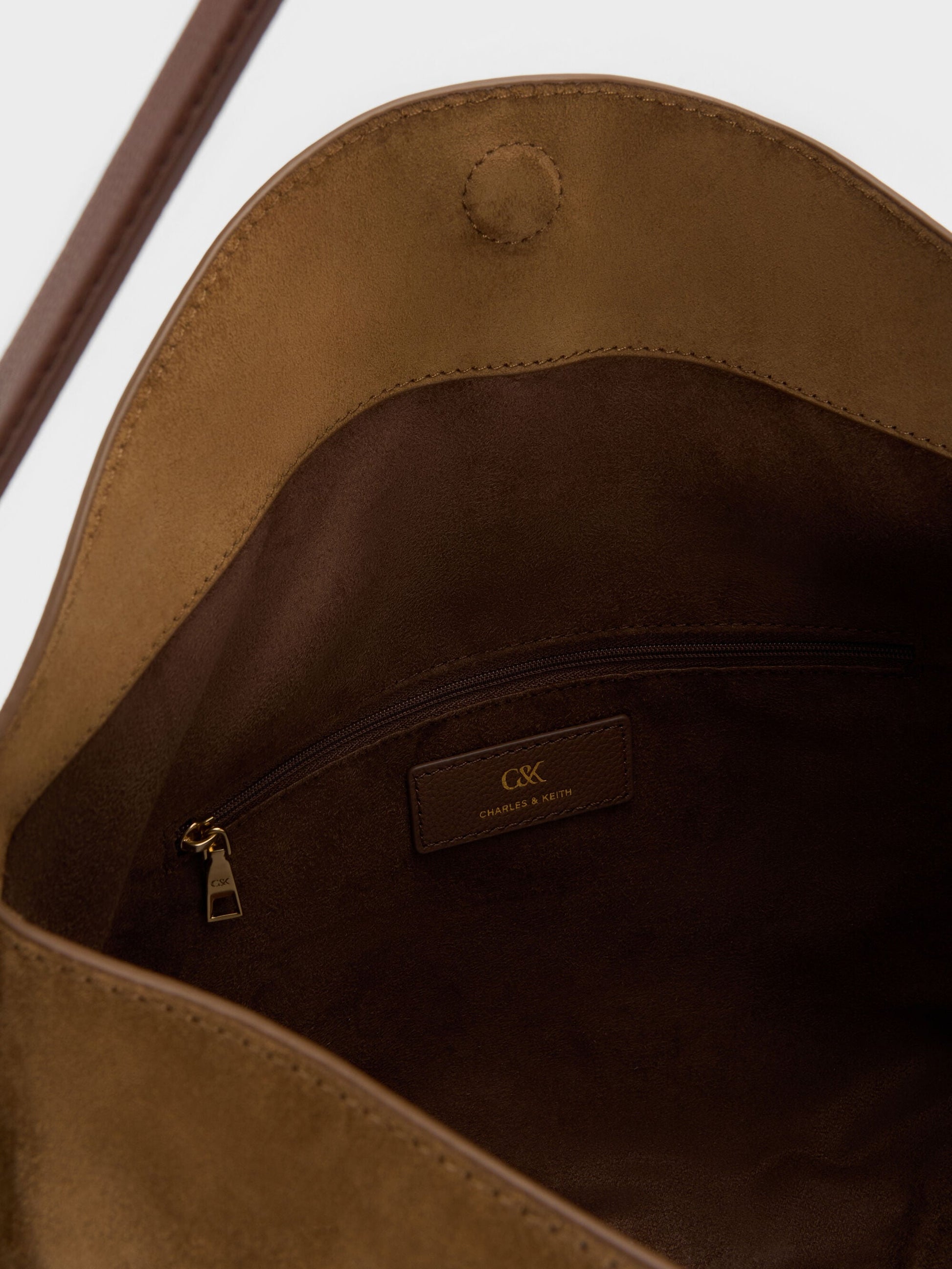 Large Leather & Suede Top-Flap Hobo Bag - Brown | CHARLES & KEITH