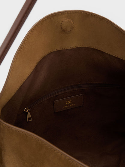 Large Leather & Suede Top-Flap Hobo Bag - Brown | CHARLES & KEITH