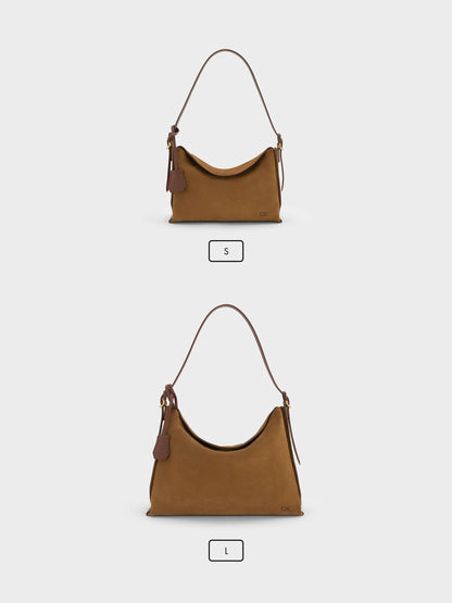 Large Leather & Suede Top-Flap Hobo Bag - Brown | CHARLES & KEITH