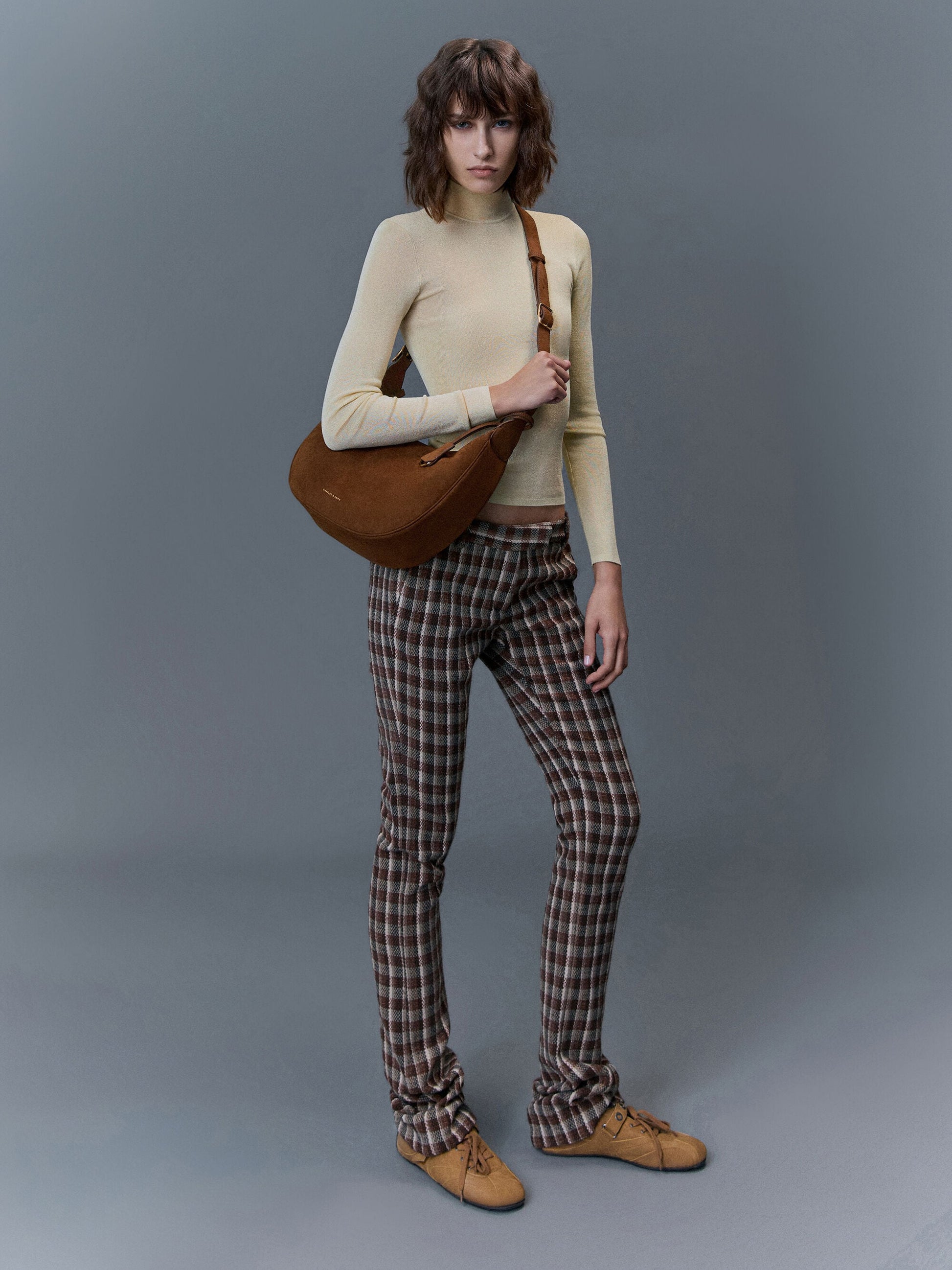 Large Vega Faux Suede Hobo Bag - Pecan Brown | CHARLES & KEITH